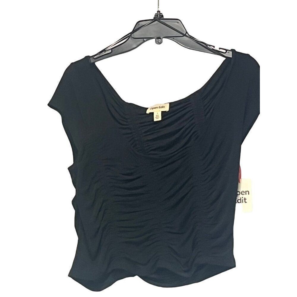 Open Edit Ruched Cup Sleeve Crop Top, Black, L